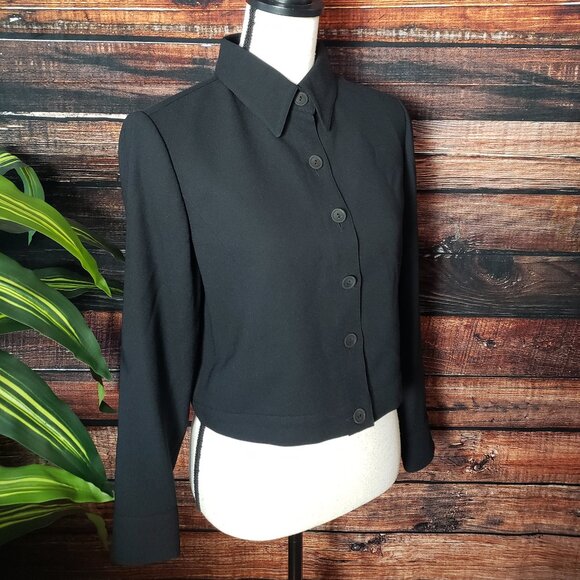 Linda Allard Ellen Tracy 6 Petite 6P Cropped Black Jacket Blazer Button Front - Picture 2 of 10